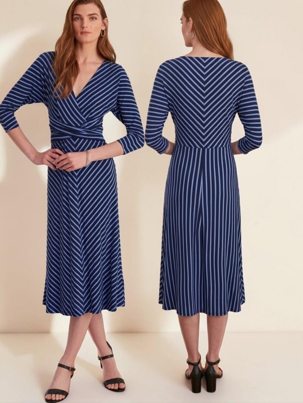 RALPH LAUREN Chevron Striped Faux Wrap Midi Dress - Size 16